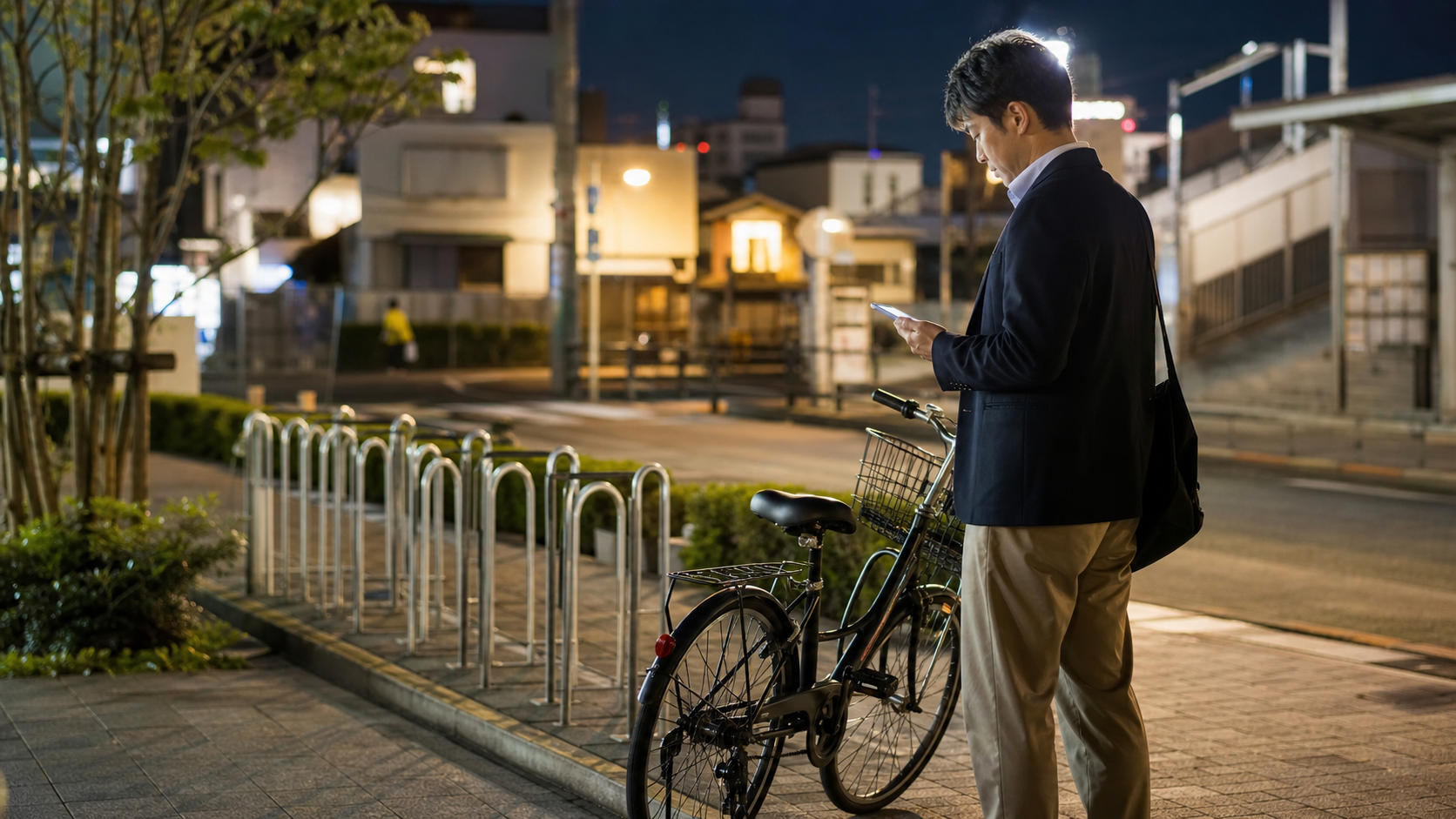 夜の駅前で自転車を置き、スマートフォンで帰り方を確認する人