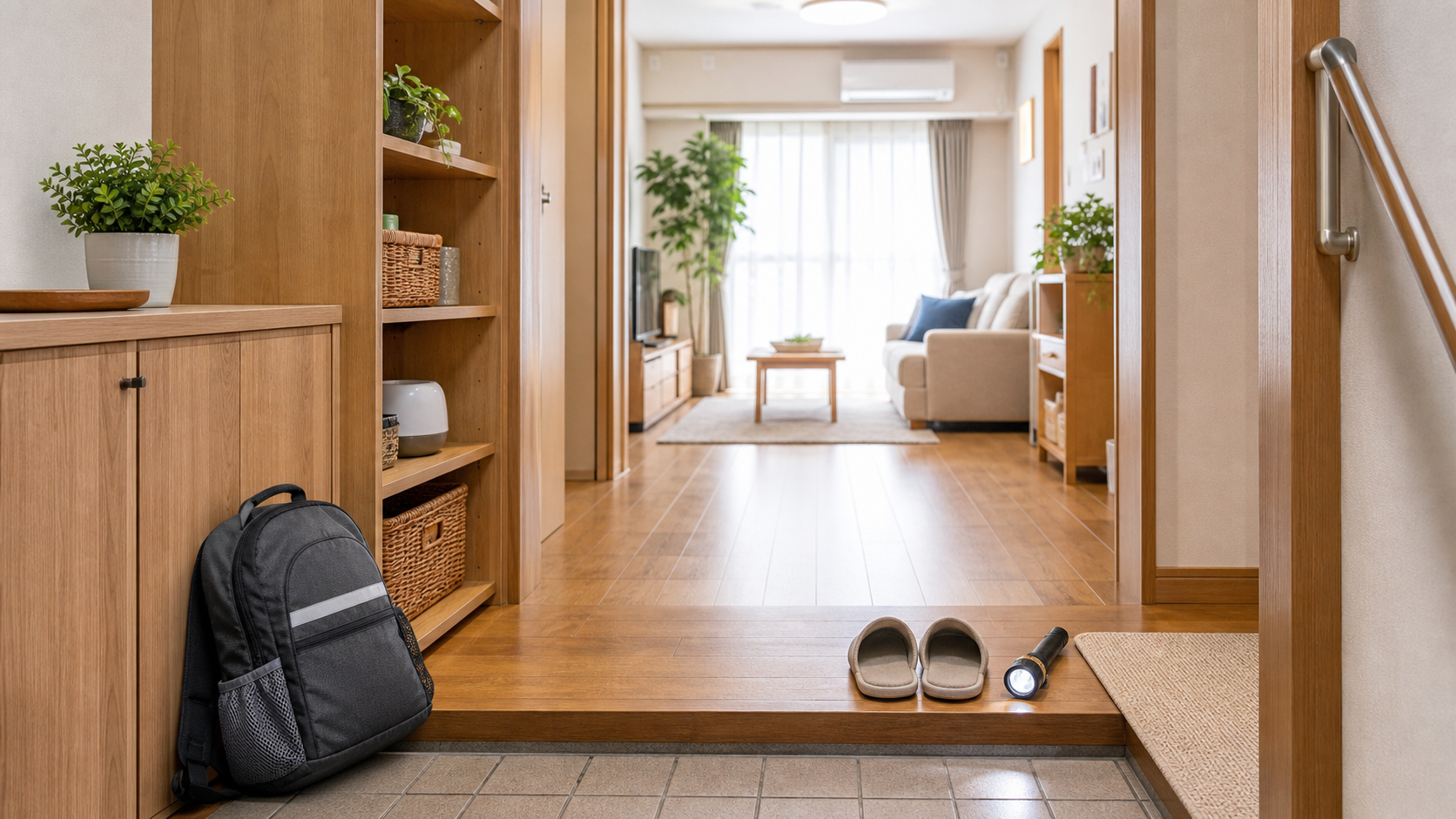 玄関までの通路を空け、防災袋と明かりを置いた室内